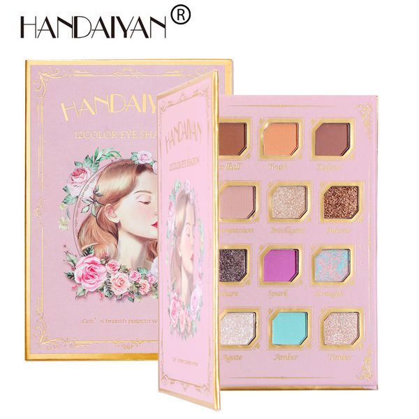 

handaiyan new 12 colors eyeshadow palette with mirror rich vivid color glowing highlighters glitter matte shades makeup powder eye shadow
