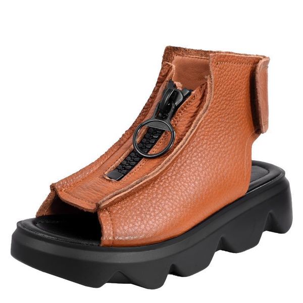 

cowhide women's shoes thick-soled retro handmade ethnic hollow leather round toe ladies sandals, Black