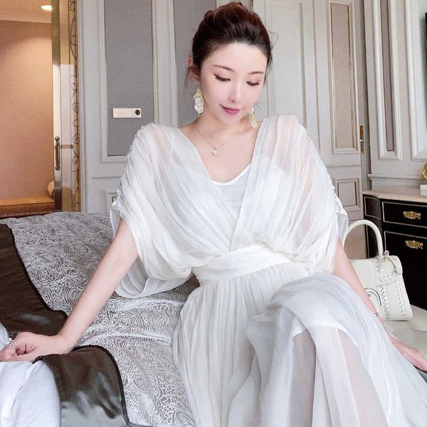 

temperament pure white heavy industry pleated waist silk dress polyester mesh office lady sheath solid 210603, Black;gray