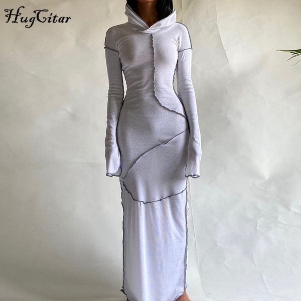 

2021hugcitar 2021 long sleeve hooded patchwork skinny maxi dress autumn winter women fashion streetwear casual outfits, Black;gray