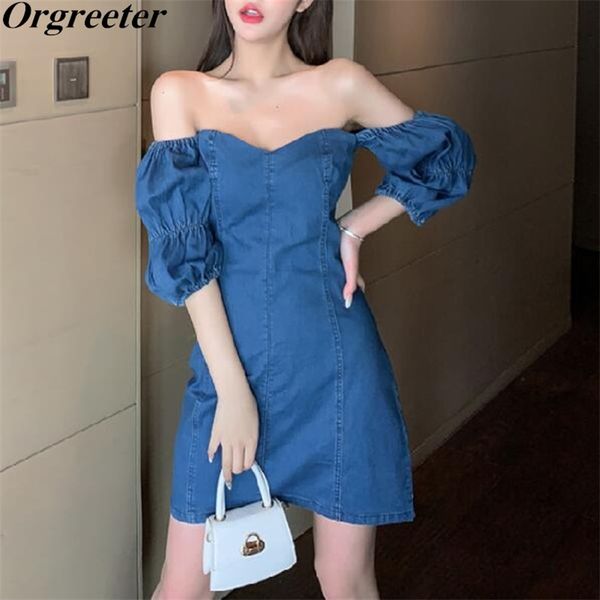 

ins fashion off shoulder denim dress women slim high waist puff sleeve blue ladies party 210602, White