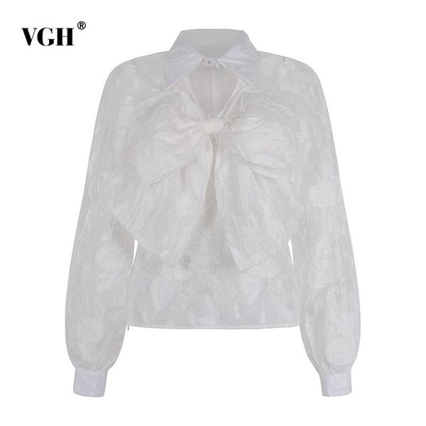

vgh white sweet shirts for women lapel long sleeve hollow out patchwork bow casual slim blouses female spring fashion style 210421