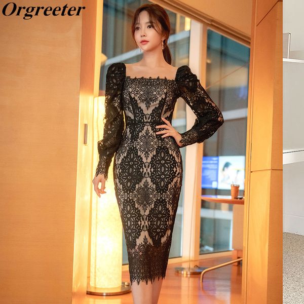 

spring fall lace patchwork pencil bodycon dress women square collar lantern sleeve hollow out sheath ol 210525, Black;gray