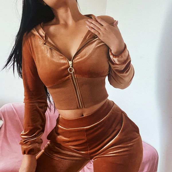 

women's pants & capris winter velvet crop jacket and tracksuit joggers brown two piece set green jogging suits for women, Black;white