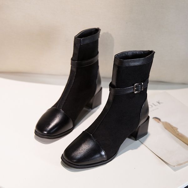 

boots female buckle-nut, women's solid leather shoes, mid-square heel for women, plus size 1e5k, Black