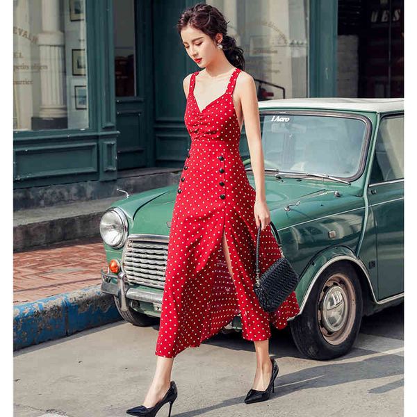 

women dress v-neck halter strapless holiday polka dot split long dress female summer backless criss-cross vestido plus size 210416, Black;gray