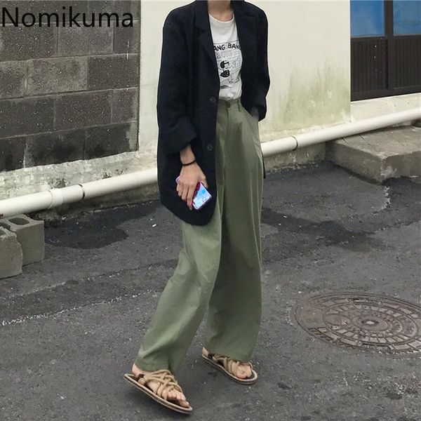 

women's pants & capris nomikuma korean vintage straight loose suit women solid color high waist trousers female casual pantalones mujer, Black;white