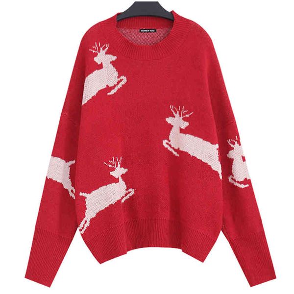 Donne rosse Natale maglia maglione maglione fiocco di neve campanello elk bow o-collo pullover manica lunga inverno M0275 210514