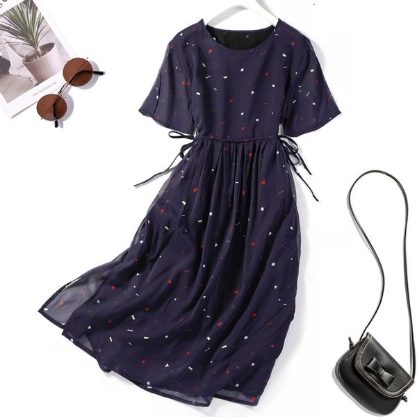 

dress women's 100% mulberry silk loose type two-layers long midi dress tie waist short sleeve navy print side slit jn611, Black;gray