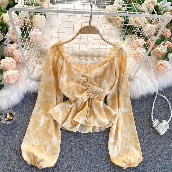 

spring autumn women's ins korean style drawstring pleated v-neck shirt waist lotus leaf short chiffon blouse 210514, White