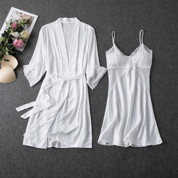 

women's sleepwear 2pcs with lace kimono robe gown summer women sleepdress nightwear perspective bathrobe chemise nightgown lingerie, Black;red