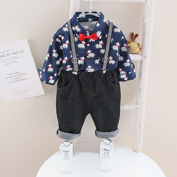 

clothing sets baby boy clothes cute bow tie cartoon print shirt sling 2-piece suit spring autumn long-sleeve children's, White