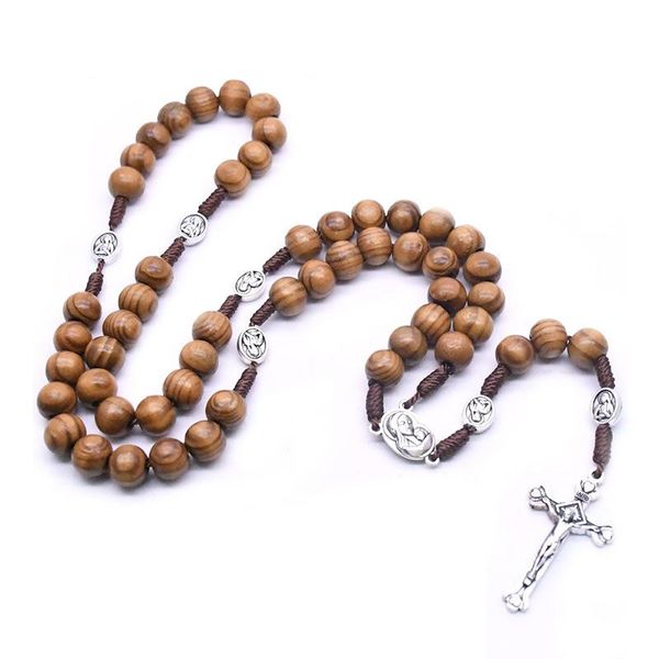 

pendant necklaces handmade weave virgin mary antique wooden beads rosaries cross pendants necklace vintage catholic religious jesus jewelry, Silver