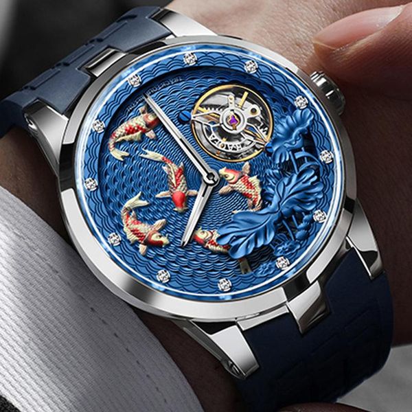 

wristwatches haofa carousel tourbillon watch for men china vintage movement sapphire waterproof lotus carp dial luxury casual, Slivery;brown