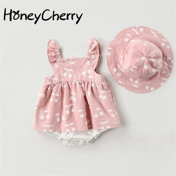 

baby bodysuits summer clothes fashion cute cherry prints kids clothing bodysuits dress with hat jumpsuits 210701, Blue