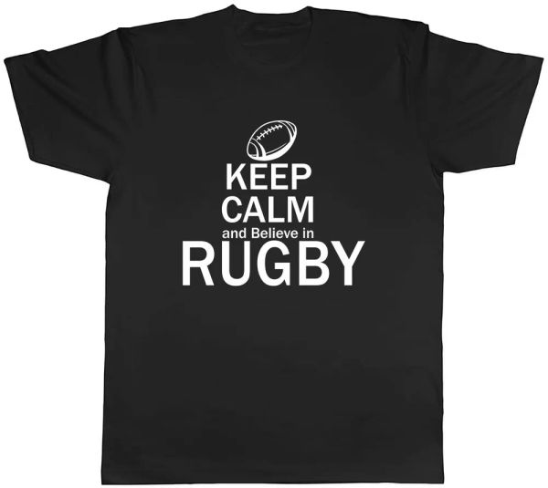 

Keep Calm and Believe in Rugby Mens Unisex T-Shirt Tee, White;black