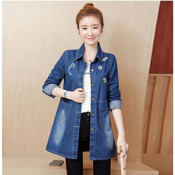 

women's trench coats spring jeans jacket women long denim coat embroidery peacock casual slim windbreaker ladies single breasted, Tan;black