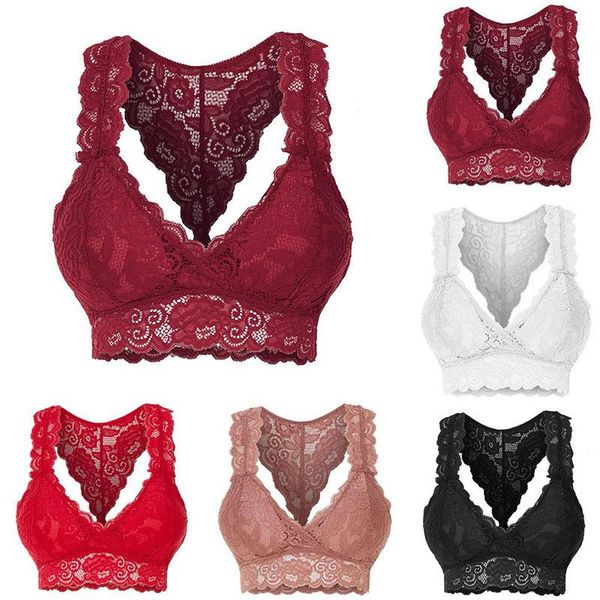 

bras women floral lace vest wireless bralette plus size underwear for ladies seamless lingerie, Red;black