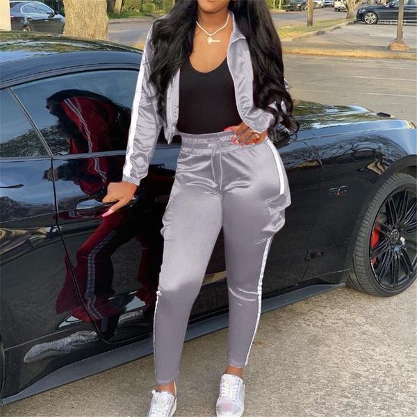 

women side reflective 2pcs outfits casual strip long sleeve jacket + sweatpants suits autumn set sport wear tracksuit women's tracksuit, Gray