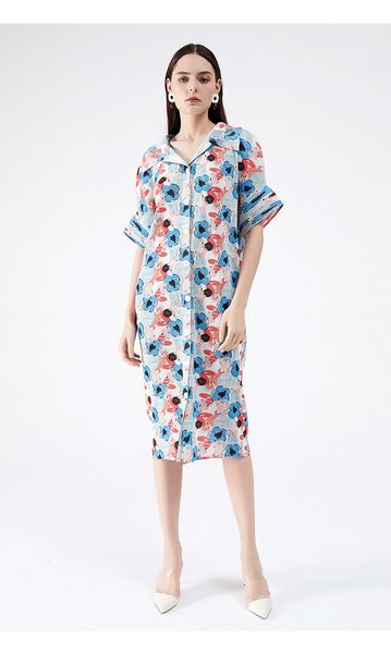 

dress miyake fold of print half sleeve turndown collar button pleated, Black;gray