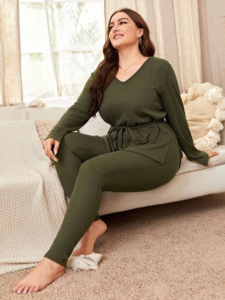 

plus solid rib-knit belted pj set 63nx#, Black;white