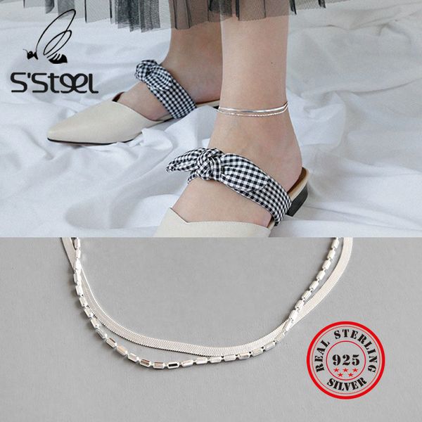 

s'steel 925 sterling silver anklets for women double-deck anklet concise chaine de cheville bracelet femme leg barefoot jewelry, Red;blue