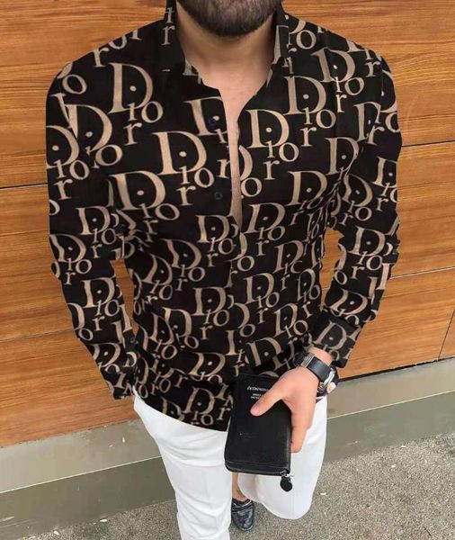 

men's casual shirts 2021 autumn mens shirt hawaiian printing letter clothes slim long sleeve turn-down collar button brand s-3xl, White;black