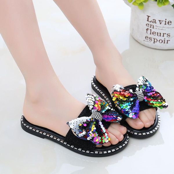 

slipper fashion sequin bow girls sandals rhinestone princess shoes children beach slippers non-slip soft bottom, Black;grey