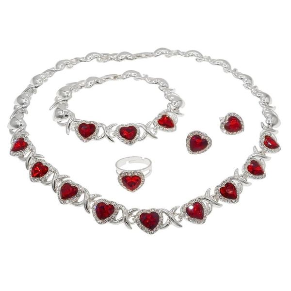 

earrings & necklace 2021 silver plated mother's day gift big heart red gem jewelry set series