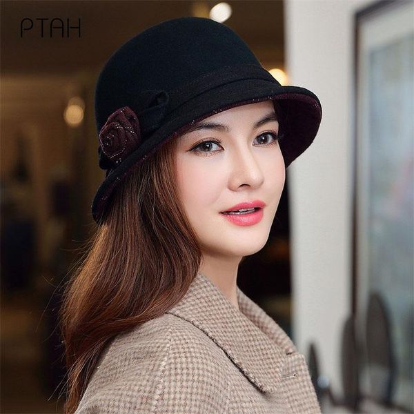 

stingy brim hats [ptah] fashion women wool autumn winter warm hat ladies temperament british style vintage cap high quality, Blue;gray