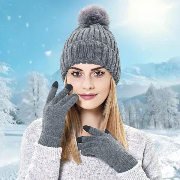 

hats, scarves & gloves sets women winter hat glove set thick crochet knit warm beanie knitted soft ski cuff cap with solid suit, Blue;gray