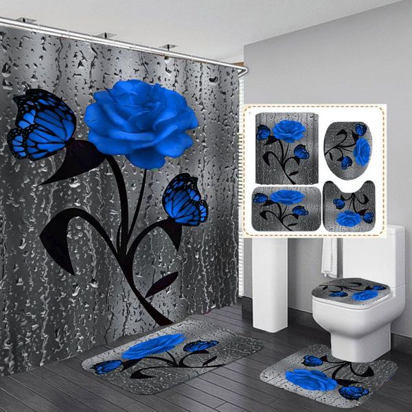 

curtain & drapes 4pcs set 3d butterfly flower fabric waterproof shower bathroom curtains blue rose non-slip rug toilet cover bath mat