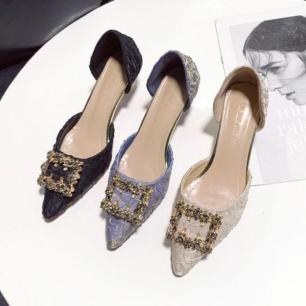 

sandals 2021 pointed toe high heels thin heeled shallow mouth crystal shoes square buckle single fashion drop, Black