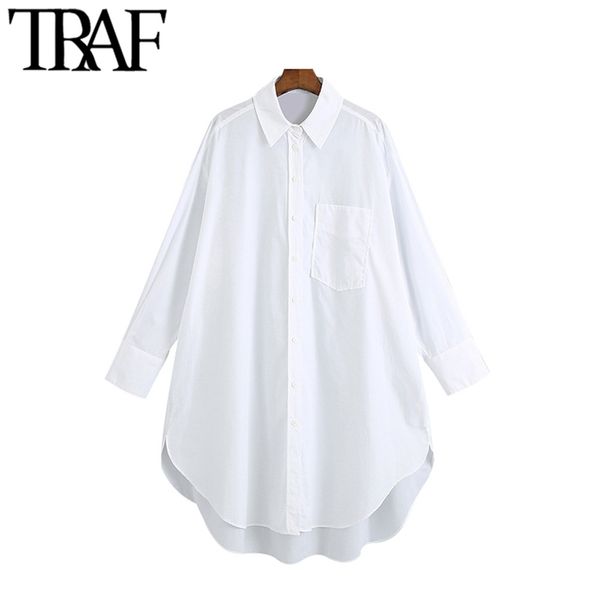 

women fashion with pockets oversized asymmetry blouses vintage long sleeve button-up female shirts blusa chic 210507, White