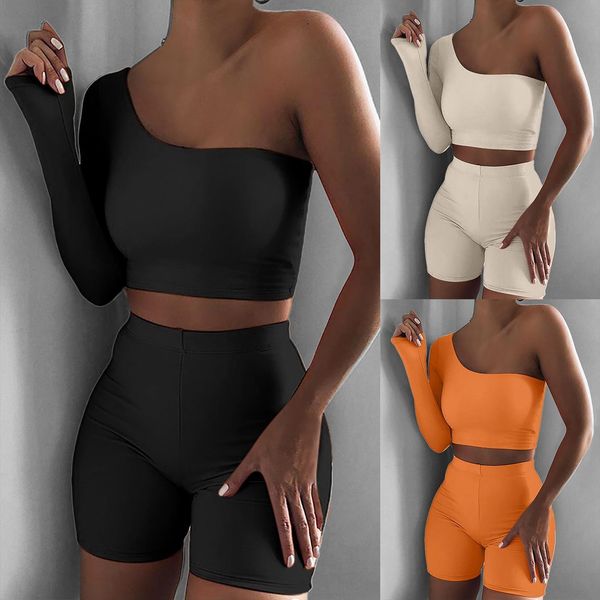 

solid asymmetrical two piece womens tracksuits sets tracksuit crop elastic bike shorts sporty matching suits casual female outfit, Gray