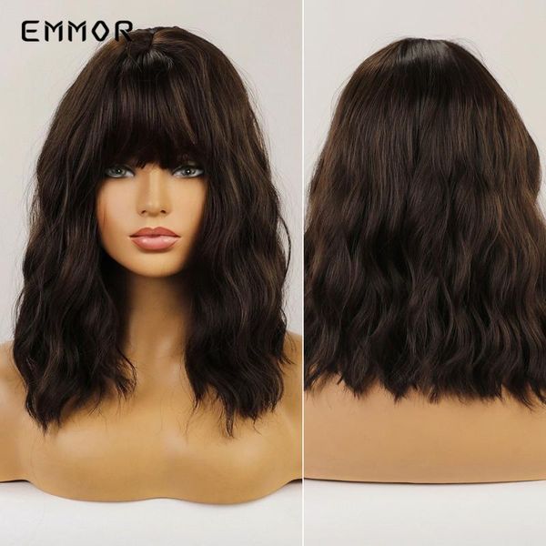 

synthetic wigs emmor black with brown wig for women natural fluffy wavy bangs heat resistant fiber daily cosplay party hair