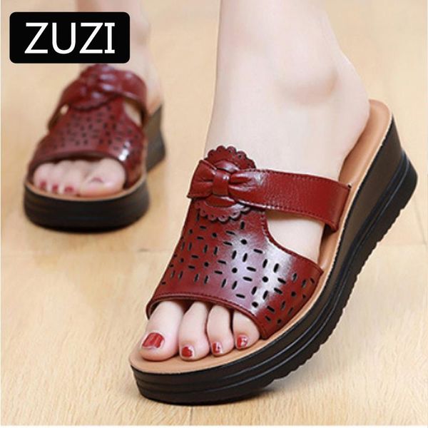 

sandals zuzi 2021 women's leather flat bottom wedges slippers layer soft cowhide middle-aged shoes, Black