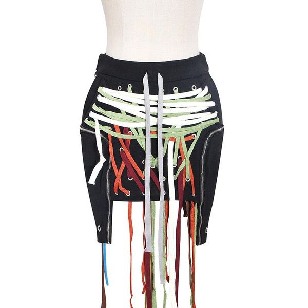 

summer women layered irregular casual short skirt high elastic waist bandage split pocket drawstring skirts, Black