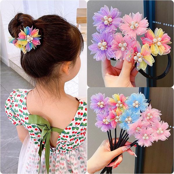 

hair accessories fashion girls pearl crystal pin foldable rope lovely colorful flowers fixed jewelry pi, Slivery;white