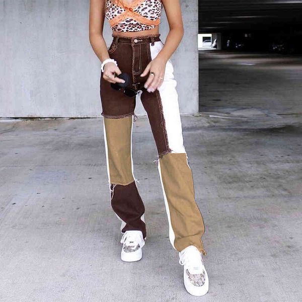 Braune gerade Y2K-Damenmode-Jeans für Mädchen, weiblich, gepatcht, Vintage-Denim-Hosen, hohe Taille, Freunde, Capris 210415