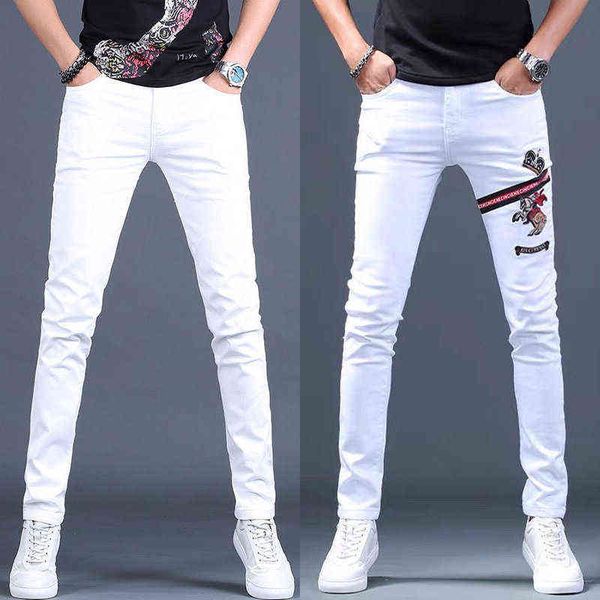 Homens emagrecendo cal￧as de algod￣o de jeans brancos de baixa estampas de jeans casual de jeans para 0124