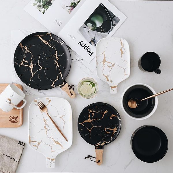 

dishes & plates nordic marble ceramic plate gold striped steak dinner kitchen porcelain dessert snack dish rice soup bowl tableware set