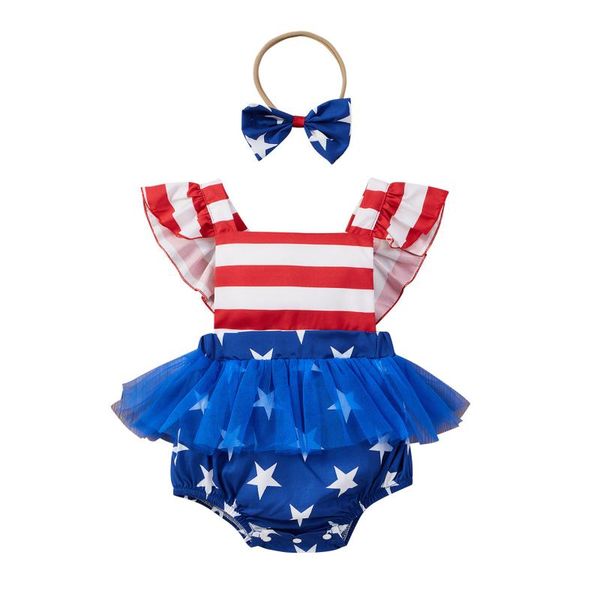 

baby clothes infant boys girls 4th-of-july stars striped printed lace romper bodysuit girl toddler dresses rompers, Blue