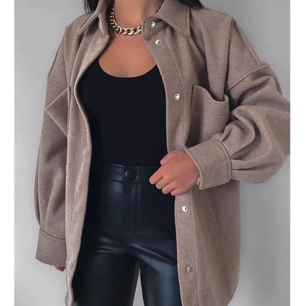 

women's wool & blends 2021 autumn winter fashion woolen coat women loose shirt casual solid ladies lapel jacket, Black
