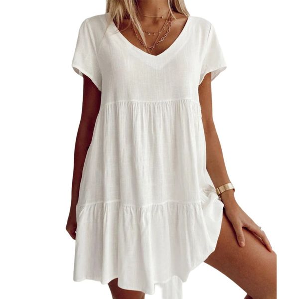 

spring summer women's dress solid casual short sleeve v-neck, Black;gray