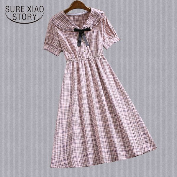

fashion striped short sleeve a-line women dress summer vintage bow knee-length flare chiffon lady 4851 50 210510, Black;gray