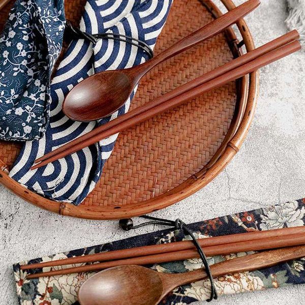 

chopsticks vintage japanese environmentally friendly portable wooden cutlery sets spoons bag travel suit waves