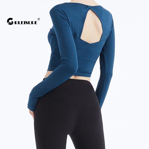 

tight sports back hollow with chest pad navel yoga long sleeve running breathable quick dry gym blouses outfit