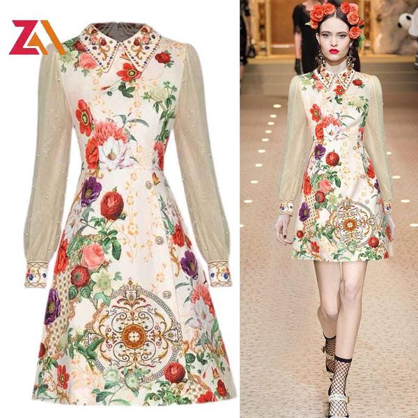 

casual dresses zalady fashion dress spring summer design women runway vintage flowers print beading mesh long sleeve party mini chic, Black;gray