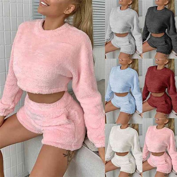 Casual Rosa Damen Komfort Home Wear Plüsch Anzug Rundhals Volle Hülse Sweatshirts Crop Top + Shorts Trainingsanzug 2 Stück Frauen Kleidung 210517